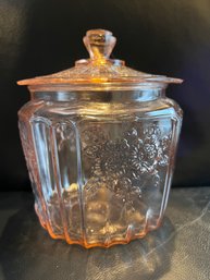 1930s Anchor Hocking 'Mayfair Open Rose' Pink Depression Glass Cookie Jar
