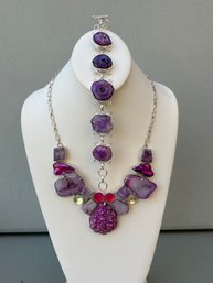 Purple Titanium Druzy, Agate And Solar Quartz Sterling Silver Necklace And Amethyst Agate Bracelet Jewelry Set