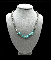 Vintage Silver And Turquoise Beaded Stretchy Necklace