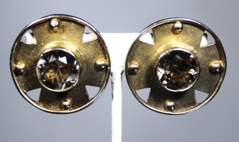 Signed Mark Spirito Sterling Silver Gold Plated Earrings Large Topaz Quartz Stones Clip