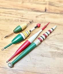 4 - Vintage Wood Fishing Bobber Floats-Green/White/Red Stripes