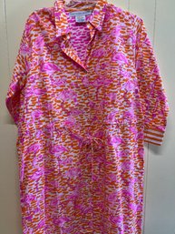 Gretchen Scott Pink/orange Flamingo Long Sleeve Button Down Dress With Cinched Tie Waist - Size XL