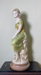 3ft Painted Ceramic Statue Of Seated Woman With Flowers