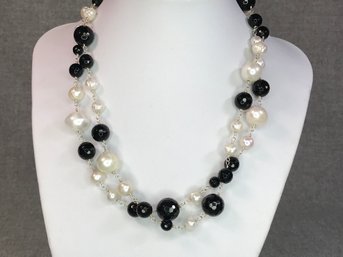 Beautiful Genuine Cultured Baroque Pearls And Black Jet Bead 32' Necklace With Sterling Silver Wire & Clasp