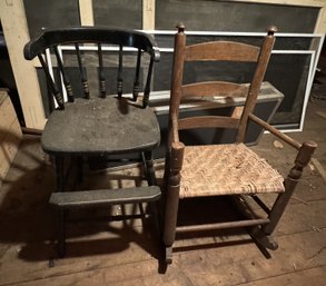 ANTIQUE HIGH CHAIR AND ARMCHAIR