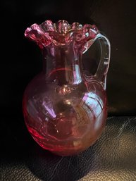 Small Cranberry Blown Glass Pitcher With Ruffled Rim