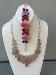 Rose Quartz Silver Necklace And Pink Agate And Pink Druzy Quartz Silver Bracelet Jewelry Set