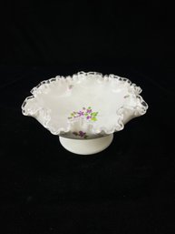 Vintage Fenton Milk Glass Crimped Scalloped Silvercrest Edge Compote Bowl