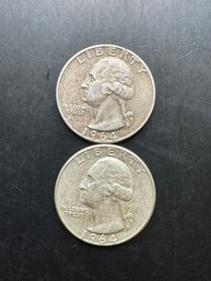 2 Washington Silver Quarters 1964, 1964-D