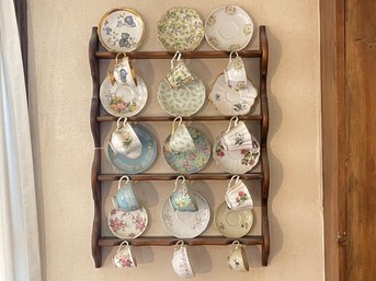 Set Of 12 Teacups And Saucers On Wall Shelf