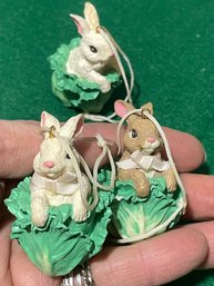 Vtg 3 Bunnies In Cabbage Ornaments