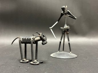 Vintage Metal Nuts & Bolts Sculpture: Bull & Matador