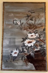 Large Asian Painting Of Bird And Flowers Signed Lee Reynolds