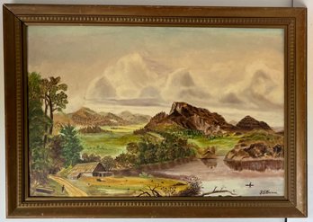 Vintage Oil On Board Landscape Painting - J B Bowman - Man In Boat - Mountains Farm Water - 28.5 X 40.5 Large