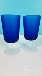 Pair Of Cobalt Blue Frosted Glass Goblets