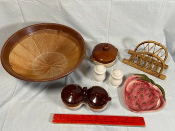 Brown Textured Ceramic Bowl, Stoneware Caddy, Crock, Salt & Pepper Shaker, Bamboo Napkin Holder, Strawberry