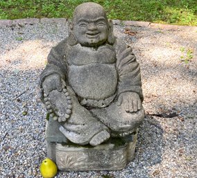 Vintage Cement Buddha On Stone Stand Holding Beads