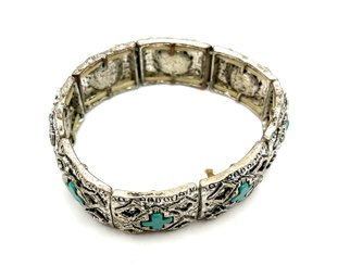 Heavy Vintage Turquoise Color Cross Inlay Stretchy Bracelet