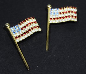 Pair Vintage Gold Tone Rhinestone American Flag Pins Brooches