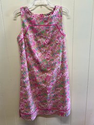 Lilly Pulitzer Dress Pink & Green Retro Style Sleeveless Dress With Silly Acronym Print & Piping - Size 12