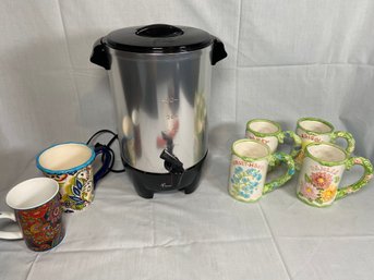 Toastmaster 30 Cup Coffee Urn With Set Of 4 Floral Cups, Vera Bradley And Espana Bocco Mugs