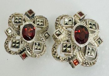 SIGNED JJ JUDITH JACK GARNET AND MARCASITE STERLING SILVER EARRINGS