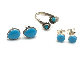 Lot Of Sterling Silver 2 Pair Turquoise Earrings And One Ring, Size 4