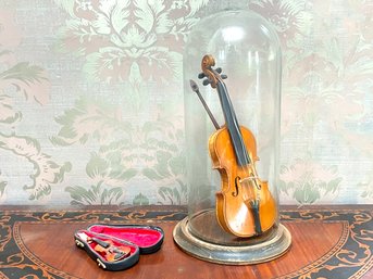 A Vintage Miniature Violin In Glass Cloche