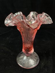 Vintage Fenton Rose Pink Raised Relief Daffodil Ruffle Top Vase