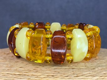 Very Pretty Vintage Amber Bracelet - Unsure What Other Material Is - Very Nice On Elastic Cord - Nice Bracelet