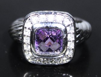 Silver Tone Fine Ladies Ring Amethyst Colored Stone Size 7