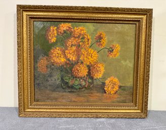 Vintage Floral Oil On Canvas In Frame