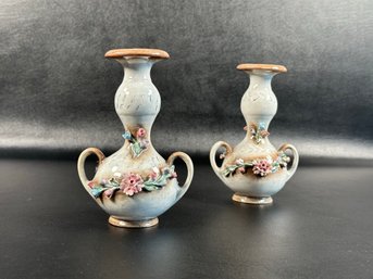 A Lovely Pair Of Vintage Capodimonte Candlesticks Made In Italy