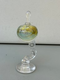 Thomas Buechner Signed Hand-blown Art Glass Perfume Bottle Green & Gold Round Top On Clear Base