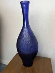 Tall Indigo Glass Ribbed Vase