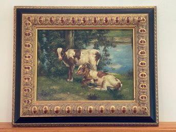 Two Cows By A River 20th Century Unsigned Oil On Canvas