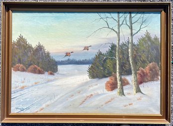An Antique Original Oil On Canvas, Winter Scene, Signed V. Lundgood