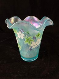 Fenton Glass Hand Painted Flowers On Robins Egg Blue Flip Vase