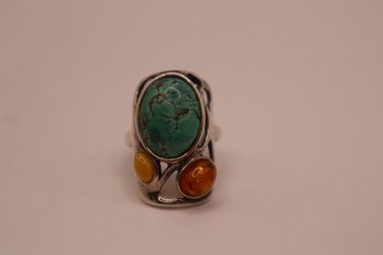 Sterling With Turquoise, Amber And Coral Ring Size 7