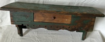 Amazing Antique Folk Painted Country Shelf With Drawer- Great Green Paint!