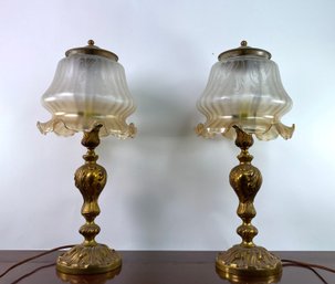 Pair - Brass Base And Frosted Glass Shade Table Lamps