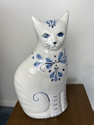Vintage Ceramic Cat With Delft Inspired Design