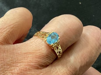 Beautiful 14k Gold Blue Topaz  Filigree Ring