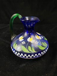 Fenton Cobalt Blue Rib Optic Hand Painted Pitcher