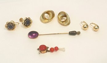 Great Collection Of Gold And Stone Jewelry- 14K Amethyst, Ball And Twist Earrings, 14Y Stick Pin & 12K Clasp