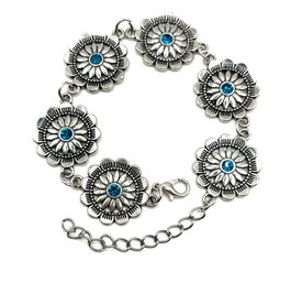 Southwestern Style Flower Shaped With Little Blue Stones Chain Linked Bracelet