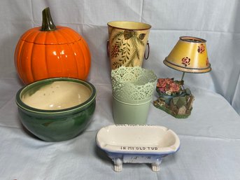 Ceramic Pumpkin Container, Green Glazed Planter, Decorative Votive Candle Holder, Metal Vase