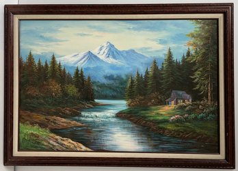 Vintage Framed Oil On Canvas - Idyllic Landscape Painting - Cabin By Mountains - Chapna ? - 29.25 X 41.25 MCM