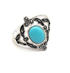 Vintage Sterling Silver Marcasite Smooth Turquoise Color Stone Ring, Size 8