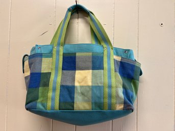 Tommy Hilfiger Blue/green Colorblock Canvas Tote Bag With Side Pockets And Striped Handle